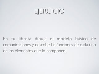 EJERCICIO 
En tu libreta dibuja el modelo básico de 
comunicaciones y describe las funciones de cada uno 
de los elementos que lo componen. 
 