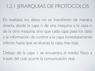 1.2.1 JERARQUIAS DE PROTOCOLOS 
En realidad, los datos no se transfieren de manera 
directa desde la capa n de una maquina a la capa n 
de la otra maquina, sino que cada capa pasa los dato 
y la información de control a la capa inmediatamente 
inferior, hasta que se alcanza la capa mas baja. 
Debajo de la capa 1 se encuentra el medio físico a 
través del cual ocurre la comunicación real. 
 