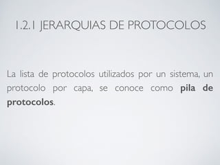 1.2.1 JERARQUIAS DE PROTOCOLOS 
La lista de protocolos utilizados por un sistema, un 
protocolo por capa, se conoce como pila de 
protocolos. 
 