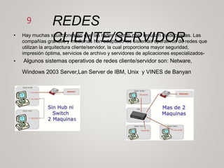 REDES
CLIENTE/SERVIDOR
9
• Hay muchas situaciones en que las redes peer to peer resultan inadecuadas. Las
compañías grandes y medianas han adoptado los sistemas operativos de redes que
utilizan la arquitectura cliente/servidor, la cual proporciona mayor seguridad,
impresión óptima, servicios de archivo y servidores de aplicaciones especializados-
• Algunos sistemas operativos de redes cliente/servidor son: Netware,
Windows 2003 Server,Lan Server de IBM, Unix y VINES de Banyan
 