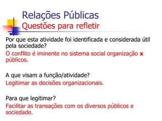 Relações Públicas

Questões para refletir
Por que esta atividade foi identificada e considerada útil
pela sociedade?
O conflito é iminente no sistema social organização x
públicos.
A que visam a função/atividade?
Legitimar as decisões organizacionais.
Para que legitimar?
Facilitar as transações com os diversos públicos e
sociedade.

 