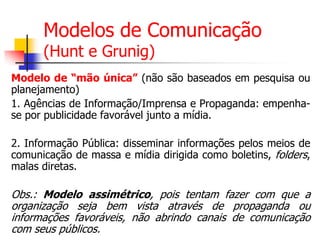 Modelos de Comunicação
(Hunt e Grunig)

Modelo de “mão única” (não são baseados em pesquisa ou
planejamento)
1. Agências de Informação/Imprensa e Propaganda: empenhase por publicidade favorável junto a mídia.
2. Informação Pública: disseminar informações pelos meios de
comunicação de massa e mídia dirigida como boletins, folders,
malas diretas.

Obs.: Modelo assimétrico, pois tentam fazer com que a
organização seja bem vista através de propaganda ou
informações favoráveis, não abrindo canais de comunicação
com seus públicos.

 