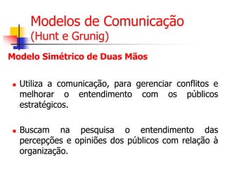 Modelos de Comunicação
(Hunt e Grunig)

Modelo Simétrico de Duas Mãos




Utiliza a comunicação, para gerenciar conflitos e
melhorar o entendimento com os públicos
estratégicos.
Buscam na pesquisa o entendimento das
percepções e opiniões dos públicos com relação à
organização.

 