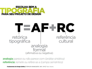 Fundamentos do Design Gráfico | TÓPICOS AVANÇADOS | BR | SP | Fabio Silveira
analogia: parece ou não parece com (análise sintática)
referência: remete ou refere-se a (campo semântico)
retórica
tipográfica
referência
cultural
analogia
formal
(afirmativa ou negativa)
T=AF+RC
TIPOGRAFIA
ESCOLHA BEM A
PARA SEU PROJETO DE DESIGN
 