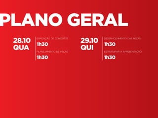 Fundamentos do Design Gráfico | TÓPICOS AVANÇADOS | BR | SP | Fabio Silveira
PLANO GERAL
28.10
QUA
exposição de conceitos
1h30
planejamento de peças
1h30
29.10
QUI
desenvolvimento das peças
1h30
estruturar a apresentação
1h30
 