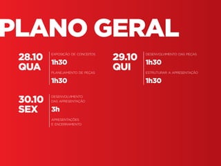 Fundamentos do Design Gráfico | TÓPICOS AVANÇADOS | BR | SP | Fabio Silveira
PLANO GERAL
28.10
QUA
exposição de conceitos
1h30
planejamento de peças
1h30
30.10
SEX
desenvolvimento
das apresentação
3h
apresentações
e encerramento
29.10
QUI
desenvolvimento das peças
1h30
estruturar a apresentação
1h30
 