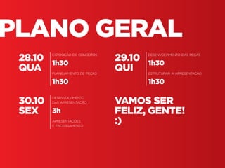 Fundamentos do Design Gráfico | TÓPICOS AVANÇADOS | BR | SP | Fabio Silveira
PLANO GERAL
VAMOS SER
FELIZ, GENTE!
:)
28.10
QUA
exposição de conceitos
1h30
planejamento de peças
1h30
30.10
SEX
desenvolvimento
das apresentação
3h
apresentações
e encerramento
29.10
QUI
desenvolvimento das peças
1h30
estruturar a apresentação
1h30
 