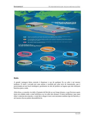 INTERNET FUNDAMENTOS DE TELECOMUNICAÇÕES
12/23
Rádio
A grande vantagem desta conexão é dispensar o uso de qualquer fio ou cabo e até mesmo
modems. O sinal é enviado por uma antena e recebido por uma torre de transmissão, que é
posicionada em um local estratégico, geralmente no alto de prédios ou lugares que não ofereçam
barreiras para a onda.
Além disso, a conexão via rádio é bastante útil devido ao seu longo alcance, o que favorece quem
mora em cidades onde o sinal telefónico ou via cabo não alcança. O único problema é que, para
obter o máximo da conexão, o sinal deve chegar à torre sem encontrar nenhum tipo de barreira, e
até mesmo chuvas podem desestabilizá-la.
 