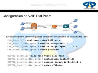 GRUPO ACADEMIA POSTAL


Configuración de VoIP Dial Peers




•   En este escenario, debe configurarse también el enrutamiento de las llamadas VoIP:
     CME_A(config)# dial-peer         voice 2000 voip
     CME_A(config-dial-peer)#         destination-pattern 2...
     CME_A(config-dial-peer)#         session target ipv4:10.1.1.2
     CME_A(config-dial-peer)#         codec g711ulaw

     ROUTER_B(config)# dial-peer          voice 1100 voip
     ROUTER_B(config-dial-peer)#          destination-pattern 110.
     ROUTER_B(config-dial-peer)#          session target ipv4:10.1.1.1
     ROUTER_B(config-dial-peer)#          codec g711ulaw
 