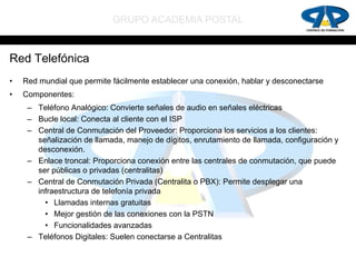 GRUPO ACADEMIA POSTAL


Red Telefónica
•   Red mundial que permite fácilmente establecer una conexión, hablar y desconectarse
•   Componentes:
     – Teléfono Analógico: Convierte señales de audio en señales eléctricas
     – Bucle local: Conecta al cliente con el ISP
     – Central de Conmutación del Proveedor: Proporciona los servicios a los clientes:
       señalización de llamada, manejo de dígitos, enrutamiento de llamada, configuración y
       desconexión.
     – Enlace troncal: Proporciona conexión entre las centrales de conmutación, que puede
       ser públicas o privadas (centralitas)
     – Central de Conmutación Privada (Centralita o PBX): Permite desplegar una
       infraestructura de telefonía privada
         • Llamadas internas gratuitas
         • Mejor gestión de las conexiones con la PSTN
         • Funcionalidades avanzadas
     – Teléfonos Digitales: Suelen conectarse a Centralitas
 