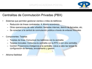GRUPO ACADEMIA POSTAL


Centralitas de Conmutación Privadas (PBX)
•   Sistemas que permiten gestionar cientos o miles de teléfonos
     – Reducción de líneas contratadas  Ahorro económico
     – Otras operaciones de valor añadido: llamadas internas, desvío de llamadas, etc.
     – Se conectan a la central de conmutación pública a través de enlaces troncales


•   Componentes: Tarjetas
     – Tarjetas de línea: Comunican los teléfonos con la centralita
     – Tarjetas troncales: Comunica la centralita con la RTC o con otra centralita
     – Control: Proporciona inteligencia a la centralita. Lleva a cabo las tareas de
       configuración de llamada, enrutamiento y gestión


•   Altísima fiabilidad
 