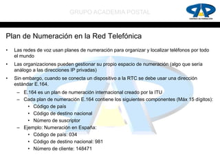 GRUPO ACADEMIA POSTAL


Plan de Numeración en la Red Telefónica
•   Las redes de voz usan planes de numeración para organizar y localizar teléfonos por todo
    el mundo
•   Las organizaciones pueden gestionar su propio espacio de numeración (algo que sería
    análogo a las direcciones IP privadas)
•   Sin embargo, cuando se conecta un dispositivo a la RTC se debe usar una dirección
    estándar E.164.
     – E.164 es un plan de numeración internacional creado por la ITU
     – Cada plan de numeración E.164 contiene los siguientes componentes (Máx 15 dígitos):
         • Código de país
         • Código de destino nacional
         • Número de suscriptor
     – Ejemplo: Numeración en España:
         • Código de país: 034
         • Código de destino nacional: 981
         • Número de cliente: 148471
 