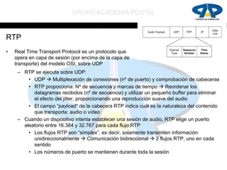 GRUPO ACADEMIA POSTAL


RTP
•   Real Time Transport Protocol es un protocolo que
    opera en capa de sesión (por encima de la capa de
    transporte) del modelo OSI, sobre UDP
     – RTP se ejecuta sobre UDP:
         • UDP  Multiplexación de conexiones (nº de puerto) y comprobación de cabeceras
         • RTP proporciona: Nº de secuencia y marcas de tiempo  Reordenar los
           datagramas recibidos (nº de secuencia) y utilizar un pequeño buffer para eliminar
           el efecto del jitter, proporcionando una reproducción suave del audio
         • El campo “payload” de la cabecera RTP indica cuál es la naturaleza del contenido
           que transporta: audio o vídeo
     – Cuando un dispositivo intenta establecer una sesión de audio, RTP elige un puerto
       aleatorio entre 16.384 y 32.767 para cada flujo RTP
         • Los flujos RTP son “símplex”, es decir, solamente transmiten información
           unidireccionalmente  Comunicación bidireccional  2 flujos RTP, uno en cada
           sentido
         • Los números de puerto se mantienen durante toda la sesión
 