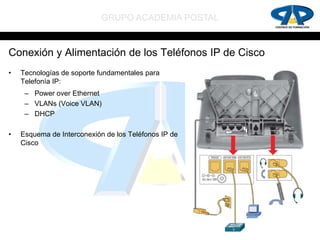 GRUPO ACADEMIA POSTAL


Conexión y Alimentación de los Teléfonos IP de Cisco
•   Tecnologías de soporte fundamentales para
    Telefonía IP:
     – Power over Ethernet
     – VLANs (Voice VLAN)
     – DHCP

•   Esquema de Interconexión de los Teléfonos IP de
    Cisco
 