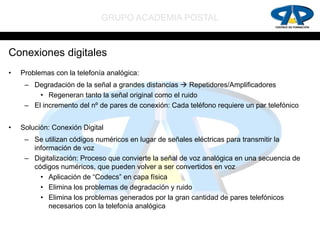 GRUPO ACADEMIA POSTAL


Conexiones digitales
•   Problemas con la telefonía analógica:
     – Degradación de la señal a grandes distancias  Repetidores/Amplificadores
         • Regeneran tanto la señal original como el ruido
     – El incremento del nº de pares de conexión: Cada teléfono requiere un par telefónico


•   Solución: Conexión Digital
     – Se utilizan códigos numéricos en lugar de señales eléctricas para transmitir la
       información de voz
     – Digitalización: Proceso que convierte la señal de voz analógica en una secuencia de
       códigos numéricos, que pueden volver a ser convertidos en voz
         • Aplicación de “Codecs” en capa física
         • Elimina los problemas de degradación y ruido
         • Elimina los problemas generados por la gran cantidad de pares telefónicos
            necesarios con la telefonía analógica
 