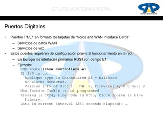 GRUPO ACADEMIA POSTAL


Puertos Digitales
•   Puertos T1/E1 en formato de tarjetas de “Voice and WAN Interface Cards”
     – Servicios de datos WAN
     – Servicios de voz
•   Estos puertos requieren de configuración previa al funcionamiento en la red
     – En Europa las interfaces primarios RDSI son de tipo E1:
     – Ejemplo:
         CME_Router#show controllers e1
         E1 1/0 is up.
           Applique type is Channelized E1 - balanced
           No alarms detected.
           Version info of Slot 1: HW: 2, Firmware: 4, PLD Rev: 2
         Manufacture Cookie is not programmed.
         Framing is CRC4, Line Code is HDB3, Clock Source is Line
           Primary.
         Data in current interval (251 seconds elapsed): …
 