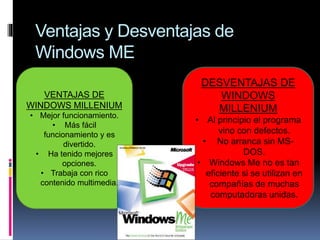 Ventajas y Desventajas de
Windows ME
VENTAJAS DE
WINDOWS MILLENIUM
• Mejor funcionamiento.
• Más fácil
funcionamiento y es
divertido.
• Ha tenido mejores
opciones.
• Trabaja con rico
contenido multimedia.
DESVENTAJAS DE
WINDOWS
MILLENIUM
• Al principio el programa
vino con defectos.
• No arranca sin MS-
DOS.
• Windows Me no es tan
eficiente si se utilizan en
compañías de muchas
computadoras unidas.
 