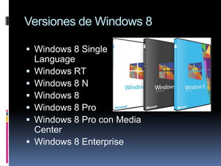 Versiones de Windows 8
 Windows 8 Single
Language
 Windows RT
 Windows 8 N
 Windows 8
 Windows 8 Pro
 Windows 8 Pro con Media
Center
 Windows 8 Enterprise
 