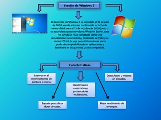 Versión de Windows 7
El desarrollo de Windows 7 se completó el 22 de julio
de 2009, siendo entonces confirmada su fecha de
venta oficial para el 22 de octubre de 2009 junto a
su equivalente para servidores Windows Server 2008
R2. Windows 7 fue concebido como una
actualización incremental y focalizada de Vista y su
núcleo NT 6.0, lo que permitió mantener cierto
grado de compatibilidad con aplicaciones y
hardware en los que este ya era compatible.
Características
Mejoras en el
reconocimiento de
escritura a mano.
Soporte para discos
duros virtuales.
Rendimiento
mejorado en
procesadores
multinúcleo.
Mejor rendimiento de
arranque.
DirectAccess y mejoras
en el núcleo.
 