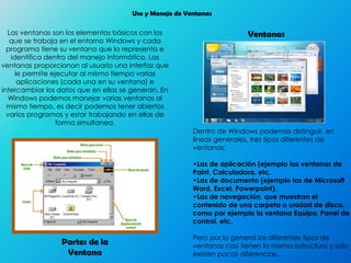 Uso y Manejo de Ventanas
Las ventanas son los elementos básicos con los
que se trabaja en el entorno Windows y cada
programa tiene su ventana que la representa e
identifica dentro del manejo informático. Las
ventanas proporcionan al usuario una interfaz que
le permite ejecutar al mismo tiempo varias
aplicaciones (cada una en su ventana) e
intercambiar los datos que en ellas se generan. En
Windows podemos manejar varias ventanas al
mismo tiempo, es decir podemos tener abiertos
varios programas y estar trabajando en ellas de
forma simultanea.
Dentro de Windows podemos distinguir, en
líneas generales, tres tipos diferentes de
ventanas:
•Las de aplicación (ejemplo las ventanas de
Paint, Calculadora, etc.
•Las de documento (ejemplo las de Microsoft
Word, Excel, Powerpoint).
•Las de navegación, que muestran el
contenido de una carpeta o unidad de disco,
como por ejemplo la ventana Equipo, Panel de
control, etc.
Pero por lo general los diferentes tipos de
ventanas casi tienen la misma estructura y solo
existen pocas diferencias.
Partes de la
Ventana
Ventanas
 