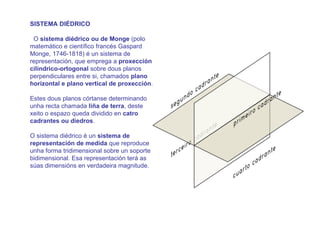 SISTEMA DIÉDRICO

 O sistema diédrico ou de Monge (polo
matemático e científico francés Gaspard
Monge, 1746-1818) é un sistema de
representación, que emprega a proxección
cilíndrico-ortogonal sobre dous planos
perpendiculares entre si, chamados plano
horizontal e plano vertical de proxección.

Estes dous planos córtanse determinando
unha recta chamada liña de terra, deste
xeito o espazo queda dividido en catro
cadrantes ou diedros.

O sistema diédrico é un sistema de
representación de medida que reproduce
unha forma tridimensional sobre un soporte
bidimensional. Esa representación terá as
súas dimensións en verdadeira magnitude.
 