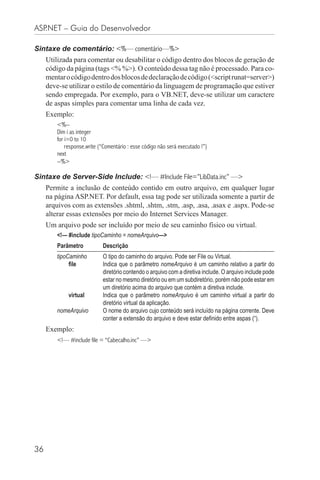 ASP.NET – Guia do Desenvolvedor

Sintaxe de comentário: <%— comentário—%>
     Utilizada para comentar ou desabilitar o código dentro dos blocos de geração de
     código da página (tags <% %>). O conteúdo dessa tag não é processado. Para co-
     mentar o código dentro dos blocos de declaração de código (<script runat=server>)
     deve-se utilizar o estilo de comentário da linguagem de programação que estiver
     sendo empregada. Por exemplo, para o VB.NET, deve-se utilizar um caractere
     de aspas simples para comentar uma linha de cada vez.
     Exemplo:
         <%--
         Dim i as integer
         for i=0 to 10
             response.write (“Comentário : esse código não será executado !”)
         next
         --%>

Sintaxe de Server-Side Include: <!— #Include File=”LibData.inc” —>
     Permite a inclusão de conteúdo contido em outro arquivo, em qualquer lugar
     na página ASP.NET. Por default, essa tag pode ser utilizada somente a partir de
     arquivos com as extensões .shtml, .shtm, .stm, .asp, .asa, .asax e .aspx. Pode-se
     alterar essas extensões por meio do Internet Services Manager.
     Um arquivo pode ser incluído por meio de seu caminho físico ou virtual.
         <!— #include tipoCaminho = nomeArquivo—>
         Parâmetro           Descrição
         tipoCaminho         O tipo do caminho do arquivo. Pode ser File ou Virtual.
              ﬁle            Indica que o parâmetro nomeArquivo é um caminho relativo a partir do
                             diretório contendo o arquivo com a diretiva include. O arquivo include pode
                             estar no mesmo diretório ou em um subdiretório, porém não pode estar em
                             um diretório acima do arquivo que contém a diretiva include.
              virtual        Indica que o parâmetro nomeArquivo é um caminho virtual a partir do
                             diretório virtual da aplicação.
         nomeArquivo         O nome do arquivo cujo conteúdo será incluído na página corrente. Deve
                             conter a extensão do arquivo e deve estar deﬁnido entre aspas (“).
     Exemplo:
         <!— #include file = “Cabecalho.inc” —>




36
 