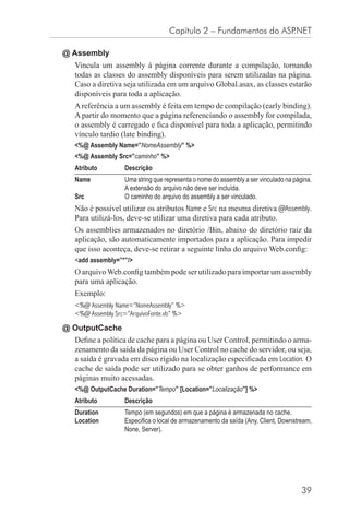Capítulo 2 – Fundamentos do ASP.NET

@ Assembly
  Vincula um assembly à página corrente durante a compilação, tornando
  todas as classes do assembly disponíveis para serem utilizadas na página.
  Caso a diretiva seja utilizada em um arquivo Global.asax, as classes estarão
  disponíveis para toda a aplicação.
  A referência a um assembly é feita em tempo de compilação (early binding).
  A partir do momento que a página referenciando o assembly for compilada,
  o assembly é carregado e ﬁca disponível para toda a aplicação, permitindo
  vínculo tardio (late binding).
  <%@ Assembly Name=”NomeAssembly” %>
  <%@ Assembly Src=”caminho” %>
  Atributo        Descrição
  Name            Uma string que representa o nome do assembly a ser vinculado na página.
                  A extensão do arquivo não deve ser incluída.
  Src             O caminho do arquivo do assembly a ser vinculado.
  Não é possível utilizar os atributos Name e Src na mesma diretiva @Assembly.
  Para utilizá-los, deve-se utilizar uma diretiva para cada atributo.
  Os assemblies armazenados no diretório /Bin, abaixo do diretório raiz da
  aplicação, são automaticamente importados para a aplicação. Para impedir
  que isso aconteça, deve-se retirar a seguinte linha do arquivo Web.conﬁg:
  <add assembly=”*”/>
  O arquivo Web.conﬁg também pode ser utilizado para importar um assembly
  para uma aplicação.
  Exemplo:
  <%@ Assembly Name=”NomeAssembly” %>
  <%@ Assembly Src=”ArquivoFonte.vb” %>

@ OutputCache
  Deﬁne a política de cache para a página ou User Control, permitindo o arma-
  zenamento da saída da página ou User Control no cache do servidor, ou seja,
  a saída é gravada em disco rígido na localização especiﬁcada em Location. O
  cache de saída pode ser utilizado para se obter ganhos de performance em
  páginas muito acessadas.
  <%@ OutputCache Duration=”Tempo” [Location=”Localização”] %>
  Atributo        Descrição
  Duration        Tempo (em segundos) em que a página é armazenada no cache.
  Location        Especiﬁca o local de armazenamento da saída (Any, Client, Downstream,
                  None, Server).




                                                                                     39
 