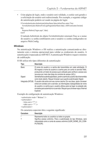 Capítulo 2 – Fundamentos do ASP.NET

  •   Criar página de login, onde o usuário será validado, o cookie será gerado e
      a solicitação do usuário será redirecionada. Por exemplo, o seguinte código
      de autenticação poderia ser usado na página de login:
      If FormsAuthentication.Authenticate(txtUserName.Value,txtUserPass.value) Then
         FormsAuthentication.RedirectFromLoginPage(txtUserName.Value, chkPersistCookie.Checked)
      Else
         Response.Redirect(“logon.aspx”, false)
      End If
      O método Authenticate do objeto FormsAuthentication retornará True se o nome
      do usuário e a senha combinarem com o usuário e a senha conﬁgurados no
      arquivo Web.Conﬁg.

Windows
  Na autenticação Windows o IIS realiza a autenticação comunicando-se dire-
  tamente com o sistema operacional para validar as credenciais do usuário. A
  autenticação é repassada ao ASP.NET. A autenticação Windows requer o mínimo
  de codiﬁcação.
  O IIS utiliza três tipos diferentes de autenticação:
      Tipo               Descrição
      Basic            O nome do usuário e a senha são transmitidos em cada solicitação. O
                       IIS mapeia o nome do usuário e a senha para um conta no servidor Web,
                       produzindo um token de acesso que é utilizado para veriﬁcar o acesso aos
                       recursos por meio das listas de controle de acesso (ACL).
      Digest           Semelhante à autenticação Basic, porém a senha do usuário não é transmitida
                       como texto aberto. Requer browser que suporte autenticação Digest.
      Integrada (NTLM) O usuário não entra com seu nome e senha. Em vez disso, após o browser
                       entrar em contato com o servidor, as informações criptografadas de nome
                       do usuário e a senha que o usuário utilizou para se logar na estação são
                       enviados para autenticá-lo no servidor. Requer que o browser seja o Internet
                       Explorer.
  Exemplo de conﬁguração de autenticação Windows:
      <authentication mode=” Windows” />
      <authorization>
        <deny users=”?” />
        <allow users= “*” />
      </authorization>
      Os caracteres especiais têm o seguinte signiﬁcado:
      Caractere          Descrição
      *                  Representa todos os usuários ou todos os grupos.
      ?                  Signiﬁca acesso anônimo. Para a autenticação do tipo Windows, será
                         interpretada como a conta de acesso anônima (IUSR_NOME_DO_COM-
                         PUTADOR).




                                                                                                  59
 