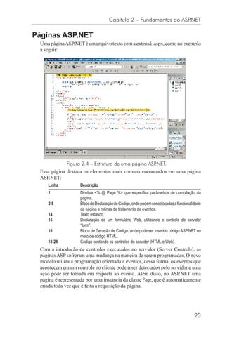 Capítulo 2 – Fundamentos do ASP.NET

Páginas ASP.NET
 Uma página ASP.NET é um arquivo texto com a extensã .aspx, como no exemplo
 a seguir:




             Figura 2.4 – Estrutura de uma página ASP.NET.
 Essa página destaca os elementos mais comuns encontrados em uma página
 ASP.NET:
    Linha           Descrição
    1               Diretiva <% @ Page %> que especiﬁca parâmetros de compilação da
                    página.
    2-8             Bloco de Declaração de Código, onde podem ser colocadas a funcionalidade
                    da página e rotinas de tratamento de eventos.
    14              Texto estático.
    15              Declaração de um formulário Web, utilizando o controle de servidor
                    “form”.
    16              Bloco de Geração de Código, onde pode ser inserido código ASP.NET no
                    meio de código HTML.
    18-24           Código contendo os controles de servidor (HTML e Web).
 Com a introdução de controles executados no servidor (Server Controls), as
 páginas ASP sofreram uma mudança na maneira de serem programadas. O novo
 modelo utiliza a programação orientada a eventos, dessa forma, os eventos que
 acontecem em um controle no cliente podem ser detectados pelo servidor e uma
 ação pode ser tomada em resposta ao evento. Além disso, no ASP.NET uma
 página é representada por uma instância da classe Page, que é automaticamente
 criada toda vez que é feita a requisição da página.




                                                                                        23
 