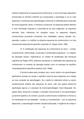 implicam diretamente os esquemas de conhecimento: a nova informação adquirida é 
armazenada na memória mediante sua incorporação e assimilação a um ou mais 
esquemas; a lembrança das aprendizagens anteriores é modificada pela construção 
de novos esquemas: assim, a memória é construtiva; os esquemas podem distorcer 
a nova informação forçando-a a acomodar-se às suas exigências; os esquemas 
permitem fazer inferências em situações novas; os esquemas integram 
conhecimentos puramente conceituais com habilidades, valores, atitudes, etc.; 
aprender a avaliar e a modificar os próprios esquemas de conhecimento é um dos 
componentes essenciais do aprender a aprender (cf. Gagné e Dick, 1983). 
12. A modificação dos esquemas de conhecimento do aluno – revisão, 
enriquecimento, diferenciação, construção e coordenação progressiva – é o objetivo 
da educação escolar. Inspirando-se no modelo de equilibração das estruturas 
cognitivas de Piaget (1975), podemos caracterizar a modificação dos esquemas de 
conhecimento no contexto da educação escolar como um processo de equilíbrio 
inicial/desequilíbrio/reequilíbrio posterior (Coll, 1983b). 
O primeiro passo para conseguir que o aluno realize uma aprendizagem 
significativa consiste em romper o equilíbrio inicial de seus esquemas com relação 
ao novo conteúdo de aprendizagem. Se a tarefa for totalmente alheia ou estiver 
excessivamente distante dos esquemas do aluno, este não poderá atribuir-lhe 
significação alguma e o processo de ensino/aprendizagem ficará bloqueado. Se, 
apesar disso, forçarmos a situação, o resultado mais provável é uma aprendizagem 
puramente repetitiva. Ao contrário, quando a tarefa levantar resistências mínimas ou 
for interpretada em sua totalidade – correta ou incorretamente – com os esquemas 
disponíveis, a aprendizagem também resultará bloqueada. A exigência de romper o 
30 
 
