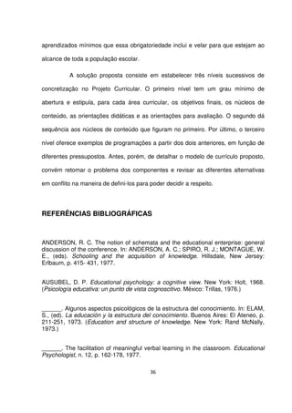 aprendizados mínimos que essa obrigatoriedade inclui e velar para que estejam ao 
alcance de toda a população escolar. 
A solução proposta consiste em estabelecer três níveis sucessivos de 
concretização no Projeto Curricular. O primeiro nível tem um grau mínimo de 
abertura e estipula, para cada área curricular, os objetivos finais, os núcleos de 
conteúdo, as orientações didáticas e as orientações para avaliação. O segundo dá 
sequência aos núcleos de conteúdo que figuram no primeiro. Por último, o terceiro 
nível oferece exemplos de programações a partir dos dois anteriores, em função de 
diferentes pressupostos. Antes, porém, de detalhar o modelo de currículo proposto, 
convém retomar o problema dos componentes e revisar as diferentes alternativas 
em conflito na maneira de defini-los para poder decidir a respeito. 
REFERÊNCIAS BIBLIOGRÁFICAS 
ANDERSON, R. C. The notion of schemata and the educational enterprise: general 
discussion of the conference. In: ANDERSON, A. C.; SPIRO, R. J.; MONTAGUE, W. 
E., (eds). Schooling and the acquisition of knowledge. Hillsdale, New Jersey: 
Erlbaum, p. 415- 431, 1977. 
AUSUBEL, D. P. Educational psychology: a cognitive view. New York: Holt, 1968. 
(Psicología educativa: un punto de vista cognoscitivo. México: Trillas, 1976.) 
______. Algunos aspectos psicológicos de la estructura del conocimiento. In: ELAM, 
S., (ed). La educación y la estructura del conocimiento. Buenos Aires: El Ateneo, p. 
211-251, 1973. (Education and structure of knowledge. New York: Rand McNally, 
1973.) 
______. The facilitation of meaningful verbal learning in the classroom. Educational 
Psychologist, n. 12, p. 162-178, 1977. 
36 
 