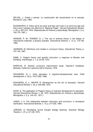 DELVAL, J. Crecer y pensar. La construcción del conocimiento en la escuela. 
Barcelona: Laia, 1983. 
DUCKWORTH, E. Either we’re too early and they can’t learn it or we’re too late and 
they know it already: the dilemma of ‘Applying Piaget’. Harvard Educational Review, 
n. 40, p. 297-312. 1979. (Reproduzido em Infancia y Aprendizaje, Monografia n. 2, p. 
163-176, 1981.) 
HENSON, P. W.; POSNER, G. J. The use of schema theory in the design of 
instructional materials: a physics example. Instructional Science, n. 13, p. 119-139, 
1984. 
JOHNSON, M. Definitions and models in curriculum theory. Educational Theory, p. 
127-140, 1967. 
KAMII, C. Piaget’s theory and specific instruction: a response to Bereiter and 
Kohlberg. Interchange, n. 1, p. 33-39, 1970. 
KARPLUS, R. Science curriculum improvement study. Teacher’s handbook. 
Berkeley, California: Lawrence Hall of Science, 1979. 
KOHLBERG, G. L. Early education: a cognitive-developmental view. Child 
development, n. 39, p. 1013-1062, 1968. 
KOHLBERG, G. L.; MAYER, R. Development as the aim of education. Harvard 
Educational Review, n. 42, p. 449-496, 1972. 
KUHN, D. The application of Piaget’s theory of cognitive development to education. 
Harvard Educational Review, n. 49, 1979. (Reproduzido em Infancia y Aprendizaje, 
Monografia, n. 2, p. 144-161, 1971.) 
LASKA, J. A. The relationship between instruction and curriculum: a conceptual 
clarification. Instructional Science, n. 13, p. 217-235, 1984. 
LAWSON, A. Developing formal thought biology teaching. American Biology 
Teacher, n. 37, p. 411-29, 1975. 
38 
 