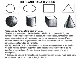 Passagem da forma plana para o volume Observe que no desenho da fila de cima, a linha de contorno das figuras  permaneceu homogênea quanto à espessura e intensidade, fornecendo para  nossa percepção uma informação de que as formas seriam planas.. Para  perceber estas formas sugerindo volume, seria necessário que seu contorno  apresentasse algum tipo de variação.  Nas figuras abaixo, a linha de contorno permaneceu homogênea, e a mancha irregular indica a sombra, sugerindo para nossa percepção que trata-se de  uma forma com volume. Se elas fossem formas planas, a mancha seria  homogênea. A definição do volume é indicada pela mancha irregular, indo do mais claro para  o mais escuro, de acordo com a direção da luz.  DO PLANO PARA O VOLUME 