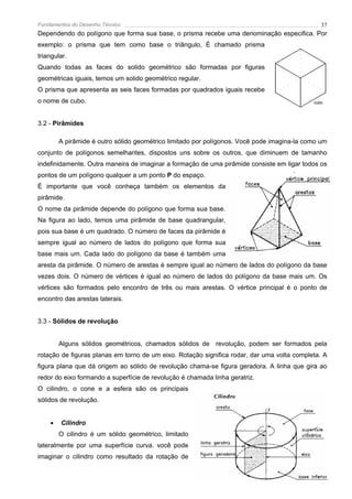 Fundamentos do Desenho Técnico                                                                 37
Dependendo do polígono que forma sua base, o prisma recebe uma denominação especifica. Por
exemplo: o prisma que tem como base o triângulo, È chamado prisma
triangular.
Quando todas as faces do solido geométrico são formadas por figuras
geométricas iguais, temos um solido geométrico regular.
O prisma que apresenta as seis faces formadas por quadrados iguais recebe
o nome de cubo.                                                                             cubo




3.2 - Pirâmides

        A pirâmide é outro sólido geométrico limitado por polígonos. Você pode imagina-la como um
conjunto de polígonos semelhantes, dispostos uns sobre os outros, que diminuem de tamanho
indefinidamente. Outra maneira de imaginar a formação de uma pirâmide consiste em ligar todos os
pontos de um polígono qualquer a um ponto P do espaço.
É importante que você conheça também os elementos da
pirâmide.
O nome da pirâmide depende do polígono que forma sua base.
Na figura ao lado, temos uma pirâmide de base quadrangular,
pois sua base é um quadrado. O número de faces da pirâmide é
sempre igual ao número de lados do polígono que forma sua
base mais um. Cada lado do polígono da base é também uma
aresta da pirâmide. O número de arestas é sempre igual ao número de lados do polígono da base
vezes dois. O número de vértices é igual ao número de lados do polígono da base mais um. Os
vértices são formados pelo encontro de três ou mais arestas. O vértice principal é o ponto de
encontro das arestas laterais.


3.3 - Sólidos de revolução


        Alguns sólidos geométricos, chamados sólidos de revolução, podem ser formados pela
rotação de figuras planas em torno de um eixo. Rotação significa rodar, dar uma volta completa. A
figura plana que dá origem ao sólido de revolução chama-se figura geradora. A linha que gira ao
redor do eixo formando a superfície de revolução é chamada linha geratriz.
O cilindro, o cone e a esfera são os principais
sólidos de revolução.


    •   Cilindro
        O cilindro é um sólido geométrico, limitado
lateralmente por uma superfície curva. você pode
imaginar o cilindro como resultado da rotação de
 