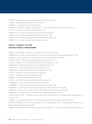 136 Fundamentos do desenvolvimento infantil – da gestação aos 3 anos
• HARRIS, M. – Crianças e bebês à luz de observações psicanalíticas. São Paulo: Vértice,1995.
• MILLER, L. – Compreendendo seu bebê. Rio de Janeiro - Imago, 1992.
• NóBREGA, F. J. – Vinculo Mãe/Filho. São Paulo: Revinter, 2005.
• ROSENBLUTH, D., HARRIS, M., OSBORNE, L., O´SHAUGHNESSY, E. – Compreendendo seu Filho de 1 ano. Rio de Janeiro, Imago, 1973
• SPITZ, R. A. – O primeiro ano de vida. São Paulo: Martins Fontes, 1973.
• WINNICOTT, D. W. – A criança e o seu mundo. Rio de Janeiro: Guanabara-Koogan, 1982
• WINNICOTT, D. W. – Da pediatria à psicanálise. Rio de Janeiro: Francisco Alves, 1988.
• WINNICOTT, D. W. – A família e o desenvolvimento individual. São Paulo: Martins Fontes, 1993.
• WINNICOTT, D. W. – Os bebês e suas mães. São Paulo: Martins Fontes, 1996.
Capítulo 5 – A criança do 1º ao 12º mês
Expressões e estímulos – adriana Friedmann
• ABRINQ. – Guia de Brinquedos – Os melhores do ano 1999/2000. Rio de Janeiro: Ed. Globo, 1999.
• AINSWORTH, M.D. – Patterns of attachment behavior shown by the infant in interaction with his mother. Merrill-Palmer Quarterly, 10, 1964.
• BANDURA, A. – Social cognitive theory. In R. Vasta (Ed.) Annals of child development. Greenwich, CT: JAI, 1989).
• BLYTHE GODDARD, S. – What Babies and Children Really Need. UK: Hawthorn Press, 2008.
• BOWLBY, J. – Maternal care and mental health. Bulletin of the World Health Organization. 3, 1993.
• BRAZELTON, T.B. – Neonatal behavioral assessment scale. Philadelphia: Lippincott, 1973.
• CORSARO, W. A. – The Sociology of Childhood. California: Pine Forge Press, 1997.
• DAMÁSIO, A. R. – O mistério da consciência. São Paulo: Companhia das Letras, 2000.
• DELORS, J. – Educação: um tesouro a descobrir. São Paulo: Cortez, 1999.
• DOLTO, F. – As etapas decisivas da infância. Martina Editora, 2007.
• ERIKSON, E.H. – Childhood and society, New York: Norton, 1950.
• FREUD, S. – A general introductiono psychoanalysis. New York: Perma-books, 1953.
• FRIEDMANN, A. – O brincar no cotidiano da criança. São Paulo: Moderna. 2006
• FRIEDMANN, A. – O desenvolvimento da criança através do brincar São Paulo: Moderna. 2006
• FRIEDMANN, A. – O universo simbólico da criança – olhares sensíveis para a infância. Rio de Janeiro: Vozes, 2005.
• FRIEDMANN, A. – A arte de brincar. 1ª. Edição – São Paulo: Scritta, 1992. Nova edição – Rio de Janeiro: Vozes, 2004.
• FRIEDMANN, A. – “A evolução do brincar”, in O direito de brincar: a brinquedoteca. São Paulo: Scritta, 1992.
• JAMES, A. & PROUT, A. (Orgs.). – Constructing and reconstructing childhood: contemporary issues in the sociological study of childhood. London: The
Palmer Press, 1990.
• LORENZ, K. – Comparative study of behavior. In C. H. Schiller, Instinctive behavior. New York: International Universities Press, 1957).
• MINISTÉRIO DA EDUCAÇÃO.“Brincar: a fada que vira professora ou o faz-de-conta invade a sala de aula...”, in Educação Infantil – Parâmetros em ação.
Brasília: Secretaria de Educação Fundamental, 1999.
• MINISTÉRIO DA EDUCAÇÃO. Referencial curricular nacional para a educação infantil.Vol. 1, 2 e 3. Brasília: Secretaria de Educação Fundamental, 1998.
 