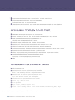172 Fundamentos do desenvolvimento infantil – da gestação aos 3 anos
13 Brinquedos didáticos: blocos lógicos, noções de frações, noções de quantidade, tamanho e forma.
14 Brinquedos e jogos lógicos e matemáticos: jogos com pareamento lógico,
	 sequências temporais e jogos com operações matemáticas.
15 Jogos informáticos: jogos por computador, xadrez eletrônico, perguntas e respostas e brinquedos com línguas estrangeiras.
Brinquedos que reproduzem o mundo técnico
01 Walkie-talkies, telefones e meios de comunicação com funcionamento real.
02 Aparelhos audiovisuais com função real: rádios, toca-fitas, toca-discos, karaokês, tocador de mp3 e microfones.
03 Fogões e outros eletrodomésticos reduzidos com função imitando o real:
	 máquina de costura, ferro de passar, liquidificador e batedeira.
04 Veículos em miniatura e reprodução em escala: automóveis, motos e caminhões.
05 Veículos mecânicos e elétricos: carrinhos, caminhões, aviões e barcos movidos por fricção e a pilha.
06 Veículos com controle remoto (tele e rádio comandados): carrinhos, caminhões, aviões e barcos.
07 Guindastes e máquinas simples, mecânicos ou elétricos: caminhões basculantes e gruas movidas à pilha, por fricção ou simples.
08 Pistas para carros, trens elétricos, acessórios: autoramas e circuitos sofisticados.
09 Veículos e máquinas simples: carros, caminhões, aviões e barcos de formas simples, leves, de plástico ou madeira.
10 Brinquedos e objetos transformáveis: brinquedos representando figuras cujas
	 partes passam a representar outros objetos ao serem movimentadas.
11 Robôs.
Brinquedos para o desenvolvimento afetivo
01 Pelúcias com mais de 50 cm.
02 Bonecos, personagens imagináveis zoomorfos: bonecos que representam
	 figuras de ficção, tipo Tartarugas Ninja, além de dragões com aparência humana.
03 Bonecas para vestir (não manequim): bonecas com cabelo, olhos móveis,
	 raços e pernas articulados, que choram, fazem xixi, riem e falam.
04 Acessórios para bonecas: roupas, bijuterias, maquilagem e chapéus.
05 Carrinhos, berços e móveis para bonecas.
06 Louças e panelinhas.
07 Fogões e aparelhos domésticos no tamanho da criança.
08 Aparelhos audiovisuais de imitação e telefones: aparelhos imitando rádios, TVs, cassetes, telefones de plástico e relógios.
 