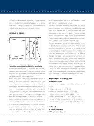 72 Fundamentos do desenvolvimento infantil – da gestação aos 3 anos
não é linear – há períodos de evolução mais lenta e outros de andamento
mais acelerado. A simples observação da figura abaixo que se vai cons-
truindo durante a evolução do trabalho de parto é possível depreender se
a evolução está sendo a contento ou se há alguma anomalia.
partograma de friedman
dilataçãoDescenso
período de latência
fasede
aceleração
fasede
inclinaçãomáxima
fasede
desaceleração
TEMPO
fase ativa
Evolução da dilatação e da descida da apresentação
Atualmente, a recomendação para que haja contato pele a pele entre a
mãe e a criança, imediatamente após o nascimento, é das mais incisivas.
Essa prática, além de se constituir um estímulo precoce à lactação, tem
importância fundamental na formação do vínculo.
Nunca é demais chamar a atenção para a importância de assepsia ao
examinar as parturientes. Também não é exagero afirmar que muitos
profissionais praticam os exames (especialmente os toques vaginais) de
maneira indevida.Mãos bem lavadas e enluvadas e uso de lubrificante as-
séptico são práticas obrigatórias. Também é obrigatório que seja seguida
a técnica adequada para a evolução do toque, deixando o fundo de saco
vaginal para o final do exame.A esterilização do material cirúrgico (pinças
hemostáticas, tesoura, porta-agulhas e outros) deve ser primorosa.
Examinar a placenta, as membranas e o cordão é técnica simples, de
baixo custo e eficaz para evitar a permanência de restos placentários
no interior da matriz, o que trará, sempre, consequências indesejáveis,
quer sejam elas hemorrágicas ou infecciosas, causam uma alteração no
estado físico da puérpera, o que significa prejuízo nos cuidados com o
recém-nascido. A recomendação da OMS, não fazer revisão sistemática
da cavidade uterina, somente implicará um grau de segurança aceitável
se for realizado o exame da placenta e anexos.
Das práticas consideradas perigosas ou ineficazes pela OMS, várias já
foram eliminadas. Isso ocorreu com o enema e com a tricotomia ampla.
Ambos não se mostraram úteis na assistência obstétrica nem trazem
vantagens para a mulher ou a criança. Quanto à tricotomia, é praticada
de forma seletiva: suprapúbica para as pacientes que serão submetidas
a cesárea e na porção lateral do períneo, onde eventualmente será prati-
cada a episiotomia quando a expectativa for de parto vaginal.
Totalmente sem sentido é puncionar uma veia periférica com o intuito
de administrar líquidos para uma parturiente normal. Como não há im-
peditivo para que ela receba líquidos claros por via oral, não há razão
para administração parenteral. Em relação aos outros itens citados neste
tópico, o que se observa ainda com certa frequência é o uso da posição
clássica de litotomia para o parto, especialmente nas maternidades mais
antigas e com menos recursos, que se valem de mesas cirúrgicas para
os partos. Essas mesas não conseguem verticalizar a paciente e deixá-la
minimamente confortável. A simples observação da atitude da mãe ao
empregar a prensa abdominal durante os “puxos” mostra que ela busca
a posição mais vertical possível naquelas condições. Devido à compres-
são de grandes vasos e à posição relativa da bacia – menos adequada
que na verticalização –, é necessário abandonar de vez essa prática.
Posição materna no segundo período
(Gupka, Nikodem 1999)
18 estudos comparando posição vertical ou lateral com supina ou de li-
totomia:
• Redução do 2º período: -5,4 min (IC: -3,9)
• Redução nas episiotomias: OR=0,73 (IC: 0,64 - 0,84)
• Redução da dor referida 2º per.: OR=0,59 (IC: 0,41 - 0,83)
• Redução de anormalidades na FCF: OR=0,31 (IC: 011 - 0,91)
• Aumento nas roturas perineais 20 g: OR=1,30 (IC: 1,09 - 1,54)
• Aumento da perda sanguínea estimada: OR=1,76 (IC: 1,34 - 3,22)
OR: Odds ratio
IC: Intervalo de confiança
FCF: Frequência cardíaca fetal
 