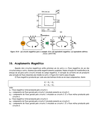 (a)
ℜnúcleo
FMM1
φ
R1E1
I
+
(b) (c)
R2
ℜentreferro
Figura 15.8 – (a) circuito magnético para o exemplo 15.4; (b) equivalente magnético; (c) equivalente elétrico.
(Fonte: CEFET/PR)
16. Acoplamento Magnético
Quando dois circuitos magnéticos estão próximos um do outro e o fluxo magnético de um dos
circuitos enlaça o outro, dizemos que estão magneticamente acoplados. Nessa situação há transferência de
energia de um para outro circuito através do campo magnético. A variação da corrente em um produzirá
uma variação de fluxo induzindo uma tensão no outro. A figura 16.1 ilustra essa situação.
O fluxo magnético produzido por cada uma das bobinas divide-se em duas componentes. Assim:
12111 φφφ +=
21222 φφφ +=
onde:
φ1 – fluxo magnético total produzido pelo circuito 1;
φ11 – componente de fluxo gerado pelo circuito 1 vinculado somente ao circuito 1;
φ12 – componente de fluxo gerado pelo circuito 1 vinculado ao circuito 2. É o fluxo mútuo produzido pelo
circuito 1;
φ2 – fluxo magnético total produzido pelo circuito 2;
φ22 - componente de fluxo gerado pelo circuito 2 vinculado somente ao circuito 2;
φ21 - componente de fluxo gerado pelo circuito 2 vinculado ao circuito 1. É o fluxo mútuo produzido pelo
circuito 2.
 