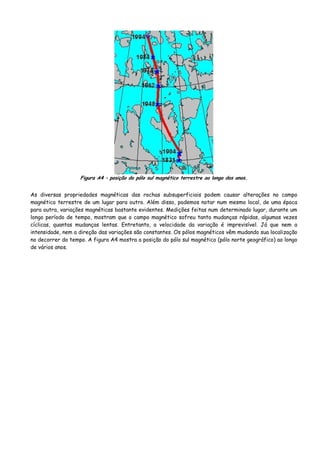 Figura A4 – posição do pólo sul magnético terrestre ao longo dos anos.
As diversas propriedades magnéticas das rochas subsuperficiais podem causar alterações no campo
magnético terrestre de um lugar para outro. Além disso, podemos notar num mesmo local, de uma época
para outra, variações magnéticas bastante evidentes. Medições feitas num determinado lugar, durante um
longo período de tempo, mostram que o campo magnético sofreu tanto mudanças rápidas, algumas vezes
cíclicas, quantas mudanças lentas. Entretanto, a velocidade da variação é imprevisível. Já que nem a
intensidade, nem a direção das variações são constantes. Os pólos magnéticos vêm mudando sua localização
no decorrer do tempo. A figura A4 mostra a posição do pólo sul magnético (pólo norte geográfico) ao longo
de vários anos.
 