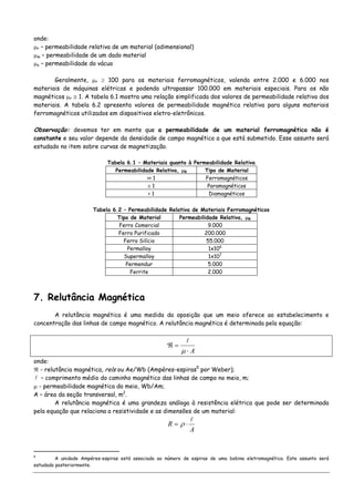 onde:
μr – permeabilidade relativa de um material (adimensional)
μm – permeabilidade de um dado material
μo – permeabilidade do vácuo
Geralmente, μr ≥ 100 para os materiais ferromagnéticos, valendo entre 2.000 e 6.000 nos
materiais de máquinas elétricas e podendo ultrapassar 100.000 em materiais especiais. Para os não
magnéticos μr ≅ 1. A tabela 6.1 mostra uma relação simplificada dos valores de permeabilidade relativa dos
materiais. A tabela 6.2 apresenta valores de permeabilidade magnética relativa para alguns materiais
ferromagnéticos utilizados em dispositivos eletro-eletrônicos.
Observação: devemos ter em mente que a permeabilidade de um material ferromagnético não é
constante e seu valor depende da densidade de campo magnético a que está submetido. Esse assunto será
estudado no item sobre curvas de magnetização.
Tabela 6.1 – Materiais quanto à Permeabilidade Relativa
Permeabilidade Relativa, μR Tipo de Material
>> 1 Ferromagnéticos
≅ 1 Paramagnéticos
< 1 Diamagnéticos
Tabela 6.2 – Permeabilidade Relativa de Materiais Ferromagnéticos
Tipo de Material Permeabilidade Relativa, μR
Ferro Comercial 9.000
Ferro Purificado 200.000
Ferro Silício 55.000
Permalloy 1x106
Supermalloy 1x107
Permendur 5.000
Ferrite 2.000
7. Relutância Magnética
A relutância magnética é uma medida da oposição que um meio oferece ao estabelecimento e
concentração das linhas de campo magnético. A relutância magnética é determinada pela equação:
A⋅
=ℜ
μ
onde:
ℜ - relutância magnética, rels ou Ae/Wb (Ampéres-espiras5
por Weber);
– comprimento médio do caminho magnético das linhas de campo no meio, m;
μ - permeabilidade magnética do meio, Wb/Am;
A – área da seção transversal, m2
.
A relutância magnética é uma grandeza análoga à resistência elétrica que pode ser determinada
pela equação que relaciona a resistividade e as dimensões de um material:
A
R ⋅= ρ
5
A unidade Ampéres-espiras está associada ao número de espiras de uma bobina eletromagnética. Este assunto será
estudado posteriormente.
 