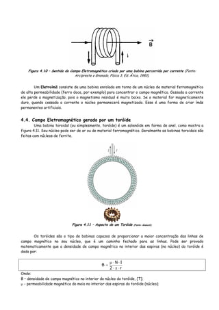 Figura 4.10 – Sentido do Campo Eletromagnético criado por uma bobina percorrida por corrente (Fonte:
Arcipreste e Granado, Física 3, Ed. Ática, 1983).
Um Eletroímã consiste de uma bobina enrolada em torno de um núcleo de material ferromagnético
de alta permeabilidade (ferro doce, por exemplo) para concentrar o campo magnético. Cessada a corrente
ele perde a magnetização, pois o magnetismo residual é muito baixo. Se o material for magneticamente
duro, quando cessada a corrente o núcleo permanecerá magnetizado. Esse é uma forma de criar ímãs
permanentes artificiais.
4.4. Campo Eletromagnético gerado por um toróide
Uma bobina toroidal (ou simplesmente, toróide) é um solenóide em forma de anel, como mostra a
figura 4.11. Seu núcleo pode ser de ar ou de material ferromagnético. Geralmente as bobinas toroidais são
feitas com núcleos de ferrite.
Figura 4.11 – Aspecto de um Toróide (Fonte: Giancoli).
Os toróides são o tipo de bobinas capazes de proporcionar a maior concentração das linhas de
campo magnético no seu núcleo, que é um caminho fechado para as linhas. Pode ser provado
matematicamente que a densidade de campo magnético no interior das espiras (no núcleo) do toróide é
dada por:
r2
IN
B
⋅π⋅
⋅⋅μ
=
Onde:
B – densidade de campo magnético no interior do núcleo do toróide, [T];
μ - permeabilidade magnética do meio no interior das espiras do toróide (núcleo);
 