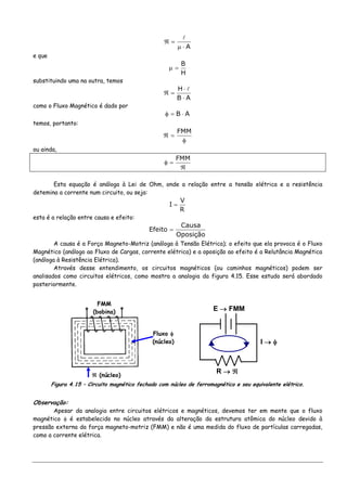 A⋅μ
=ℜ
e que
H
B
=μ
substituindo uma na outra, temos
AB
H
⋅
⋅
=ℜ
como o Fluxo Magnético é dado por
AB ⋅=φ
temos, portanto:
φ
=ℜ
FMM
ou ainda,
ℜ
=φ
FMM
Esta equação é análoga à Lei de Ohm, onde a relação entre a tensão elétrica e a resistência
detemina a corrente num circuito, ou seja:
R
V
I =
esta é a relação entre causa e efeito:
Oposição
Causa
Efeito =
A causa é a Força Magneto-Motriz (análoga à Tensão Elétrica); o efeito que ela provoca é o Fluxo
Magnético (análogo ao Fluxo de Cargas, corrente elétrica) e a oposição ao efeito é a Relutância Magnética
(análoga à Resistência Elétrica).
Através desse entendimento, os circuitos magnéticos (ou caminhos magnéticos) podem ser
analisados como circuitos elétricos, como mostra a analogia da figura 4.15. Esse estudo será abordado
posteriormente.
FMM
(bobina)
Fluxo φ
(núcleo)
ℜ (núcleo)
E → FMM
R → ℜ
I → φ
Figura 4.15 – Circuito magnético fechado com núcleo de ferromagnético e seu equivalente elétrico.
Observação:
Apesar da analogia entre circuitos elétricos e magnéticos, devemos ter em mente que o fluxo
magnético φ é estabelecido no núcleo através da alteração da estrutura atômica do núcleo devido à
pressão externa da força magneto-motriz (FMM) e não é uma medida do fluxo de partículas carregadas,
como a corrente elétrica.
 