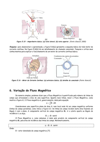 Mola
(a)
Núcleo Magnético
Ponteiro
(b)
Figura 5.15 – Amperímetro básico; (a) vista lateral; (b) vista superior. (Fonte: Giancoli, 2000)
Pesquisa: para desenvolver o aprendizado, a figura 5.16(a) apresenta o esquema básico de todo motor de
corrente contínua. Na figura 5.16(b) há um detalhamento do chamado comutador. Pesquise e utilize seus
conhecimentos para explicar o funcionamento de um motor de corrente contínua básico.
Armadura
Escovas
Fonte de Tensão
Comutador
Condutores das espiras da armadura
Escovas
Fonte CC
Figura 5.16 – Motor de Corrente Contínua: (a) estrutura básica; (b) detalhe do comutador (Fonte: Giancoli)
6. Variação do Fluxo Magnético
De maneira simples, podemos dizer que o Fluxo Magnético é quantificado pelo número de linhas de
campo que atravessam a área de uma superfície. Quanto mais linhas, maior o Fluxo Magnético, como
mostra a figura 6.1. O fluxo magnético é, genericamente, dado pela equação:
∫ ⋅=φ dAB
Consideremos uma superfície plana de área A, num local onde há um campo magnético uniforme
(linhas de campo paralelas), como indica a figura 6.2. As linhas de campo incidem nesta área fazendo um
ângulo θ com o plano. A componente vertical do campo magnético B⊥ é o cateto oposto ao ângulo de
incidência θ, ou seja,
θ⋅⊥= senBB
O Fluxo Magnético φ, como sabemos, é dado pelo produto da componente vertical do campo
magnético B⊥ pela área de incidência das linhas de campo. Matematicamente,
θ⋅⋅=φ senAB
Onde:
B – vetor densidade de campo magnético [T]
 