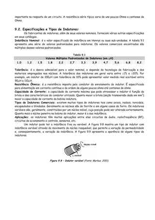importante na resposta de um circuito. A resistência série típica varia de uns poucos Ohms a centenas de
Ohms.
9.2. Especificações e Tipos de Indutores:
Os fabricantes de indutores, além de seus valores nominais, fornecem várias outras especificações
em seus catálogos.
Indutância Nominal: é o valor especificado de indutância em Henrys ou suas sub-unidades. A tabela 9.1
apresenta uma série de valores padronizados para indutores. Os valores comerciais encontrados são
múltiplos desses valores padronizados.
Tabela 9.1
Valores Múltiplos Padronizados de Indutores (em μH)
1,0 1,2 1,5 1,8 2,2 2,7 3,3 3,9 4,7 5,6 6,8 8,2
Tolerância: é o desvio admissível para o valor nominal, e depende da tecnologia de fabricação e dos
materiais empregados nos núcleos. A tolerância dos indutores em geral varia entre ±1% e ±20%. Por
exemplo, um indutor de 100μH com tolerância de 10% pode apresentar valor medido real aceitável entre
90μH e 110μH.
Resistência Ôhmica: é a resistência imposta pelo condutor do enrolamento do indutor. É especificada
para alimentação em corrente contínua e da ordem de alguns poucos ohms até centenas de ohms.
Capacidade de Corrente: a capacidade de corrente máxima que pode atravessar o indutor é função da
bitola e das características do condutor utilizado. Quanto maior a bitola (seção transversão dada em mm2
)
maior a capacidade de corrente da bobina indutora.
Tipos de Indutores Comerciais: existem muitos tipos de indutores tais como axiais, radiais, toroidais,
encapsulados e blindados. Geralmente os núcleos são de ferrite e em alguns casos de ferro. Os indutores
variáveis são, geralmente, constituídos por um núcleo móvel, cuja posição pode ser alterada externamente.
Quanto mais o núcleo penetra na bobina do indutor, maior é a sua indutância.
Aplicações: os indutores têm muitas aplicações entre elas circuitos de áudio, radiofreqüência (RF),
circuitos de acionamento e controle, sensores, etc.
Um indutor pode ter a indutância fixa ou variável. A figura 9.8 mostra um tipo de indutor com
indutância variável através do movimento do núcleo rosqueável, que permite a variação da permeabilidade
e, conseqüentemente, a variação da indutância. A figura 9.9 apresenta a aparência de alguns tipos de
indutores.
Figura 9.8 – Indutor variável (Fonte: Markus, 2001).
 