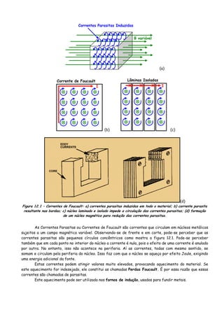 B variável
Correntes Parasitas Induzidas
(a)
Corrente de Foucault
I
(b)
X X X I
Lâminas Isoladas
(c)
(d)
Figura 12.1 – Correntes de Foucault: a) correntes parasitas induzidas em todo o material; b) corrente parasita
resultante nas bordas; c) núcleo laminado e isolado impede a circulação das correntes parasitas; (d) formação
de um núcleo magnético para redução das correntes parasitas.
As Correntes Parasitas ou Correntes de Foucault são correntes que circulam em núcleos metálicos
sujeitos a um campo magnético variável. Observando-se de frente e em corte, pode-se perceber que as
correntes parasitas são pequenos círculos concêntricos como mostra a figura 12.1. Pode-se perceber
também que em cada ponto no interior do núcleo a corrente é nula, pois o efeito de uma corrente é anulado
por outra. No entanto, isso não acontece na periferia. Aí as correntes, todas com mesmo sentido, se
somam e circulam pela periferia do núcleo. Isso faz com que o núcleo se aqueça por efeito Joule, exigindo
uma energia adicional da fonte.
Estas correntes podem atingir valores muito elevados, provocando aquecimento do material. Se
este aquecimento for indesejado, ele constitui as chamadas Perdas Foucault. É por essa razão que essas
correntes são chamadas de parasitas.
Este aquecimento pode ser utilizado nos fornos de indução, usados para fundir metais.
 