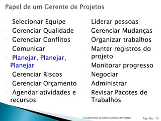 • Selecionar Equipe       •    Liderar pessoas
• Gerenciar Qualidade     •    Gerenciar Mudanças
• Gerenciar Conflitos     •    Organizar trabalhos
• Comunicar               •    Manter registros do
• Planejar, Planejar,          projeto
 Planejar                 •    Monitorar progresso
• Gerenciar Riscos        •    Negociar
• Gerenciar Orçamento     •    Administrar
• Agendar atividades e    •    Revisar Pacotes de
 recursos                      Trabalhos

                         Fundamentos do Gerenciamento de Projetos   Pág. No. 15
 