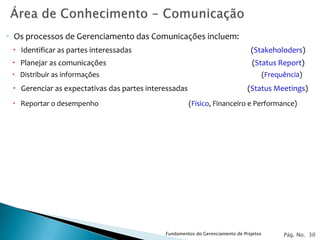 ◦ Os processos de Gerenciamento das Comunicações incluem:
  Identificar as partes interessadas                                           (Stakeholoders)
  Planejar as comunicações                                                      (Status Report)
  Distribuir as informações                                                            (Frequência)
  Gerenciar as expectativas das partes interessadas                           (Status Meetings)
  Reportar o desempenho                               (Físico, Financeiro e Performance)




                                             Fundamentos do Gerenciamento de Projetos         Pág. No. 30
 