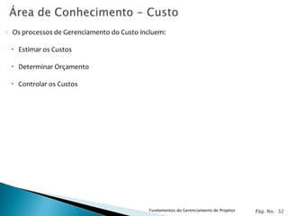 ◦ Os processos de Gerenciamento do Custo incluem:

  Estimar os Custos

  Determinar Orçamento

  Controlar os Custos




                                           Fundamentos do Gerenciamento de Projetos   Pág. No. 32
 