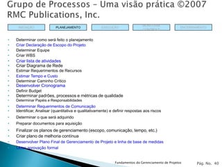 MONITORIA
     INICIAÇÃO             PLANEJAMENTO               EXECUÇÃO                                       ENCERRAMENTO
                                                                               CONTROLE


•   Determinar como será feito o planejamento
•   Criar Declaração de Escopo do Projeto
•   Determinar Equipe
•   Criar WBS
•   Criar lista de atividades
•   Criar Diagrama de Rede
•   Estimar Requerimentos de Recursos
•   Estimar Tempo e Custo
•   Determinar Caminho Crítico
•   Desenvolver Cronograma
•   Definir Budget
•   Determinar padrões, processos e métricas de qualidade
•   Determinar Papéis e Responsabilidades
•   Determinar Requerimentos de Comunicação
•   Identificar, Analisar (quantitativa e qualitativamente) e definir respostas aos riscos
•   Determinar o que será adquirido
•   Preparar documentos para aquisição
•   Finalizar os planos de gerenciamento (escopo, comunicação, tempo, etc.)
•   Criar plano de melhoria contínua
•   Desenvolver Plano Final de Gerenciamento de Projeto e linha de base de medidas
•   Obter aprovação formal


                                                              Fundamentos do Gerenciamento de Projetos      Pág. No. 40
 