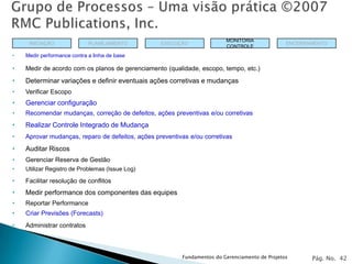 MONITORIA
     INICIAÇÃO               PLANEJAMENTO         EXECUÇÃO                                      ENCERRAMENTO
                                                                         CONTROLE
•   Medir performance contra a linha de base

•   Medir de acordo com os planos de gerenciamento (qualidade, escopo, tempo, etc.)
•   Determinar variações e definir eventuais ações corretivas e mudanças
•   Verificar Escopo
•   Gerenciar configuração
•   Recomendar mudanças, correção de defeitos, ações preventivas e/ou corretivas
•   Realizar Controle Integrado de Mudança
•   Aprovar mudanças, reparo de defeitos, ações preventivas e/ou corretivas
•   Auditar Riscos
•   Gerenciar Reserva de Gestão
•   Utilizar Registro de Problemas (Issue Log)

•   Facilitar resolução de conflitos
•   Medir performance dos componentes das equipes
•   Reportar Performance
•   Criar Previsões (Forecasts)
•   Administrar contratos



                                                         Fundamentos do Gerenciamento de Projetos      Pág. No. 42
 